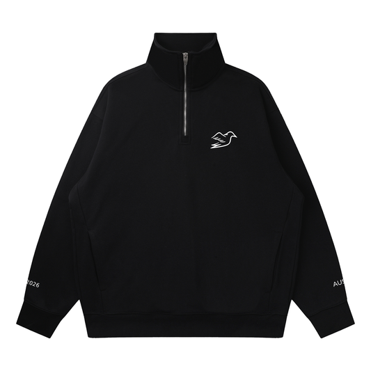 Black 3/4 zip with Auspex bird on the chest, front view