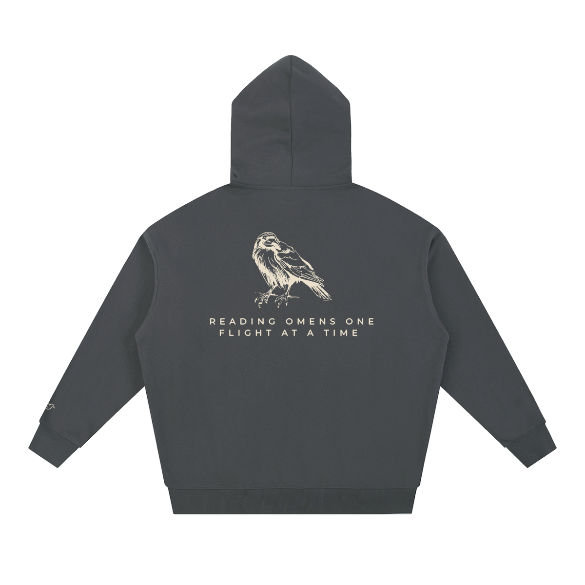 Dark gray heavyweight hoodie with raven back print, back view