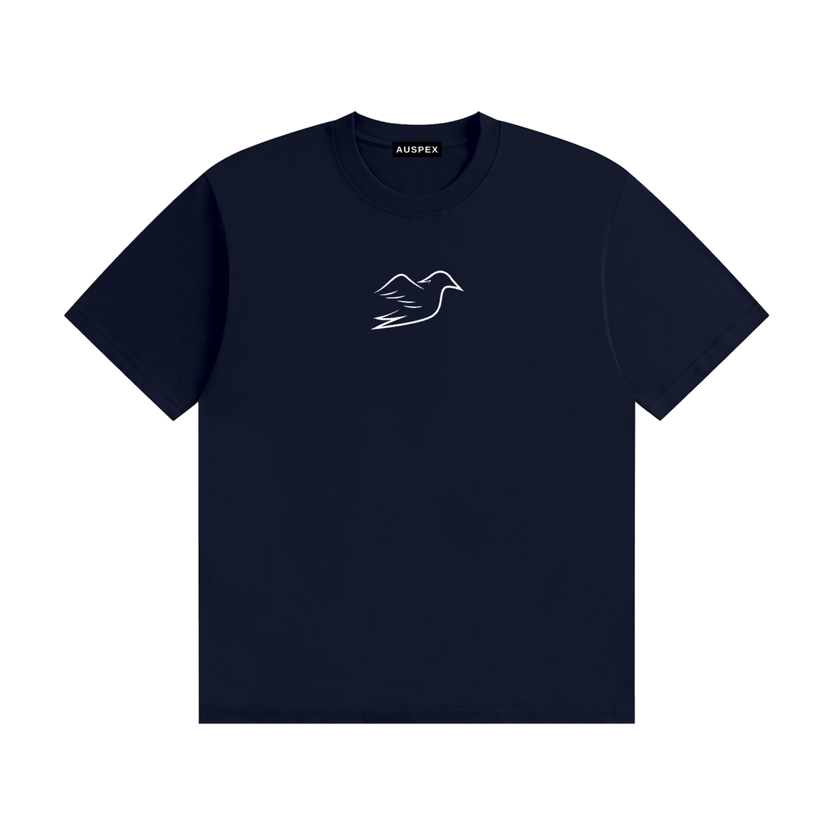 Navy blue cotton tee with Auspex bird on the chest, front view