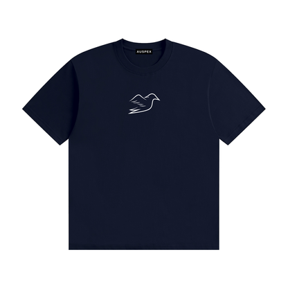Navy blue cotton tee with Auspex bird on the chest, front view