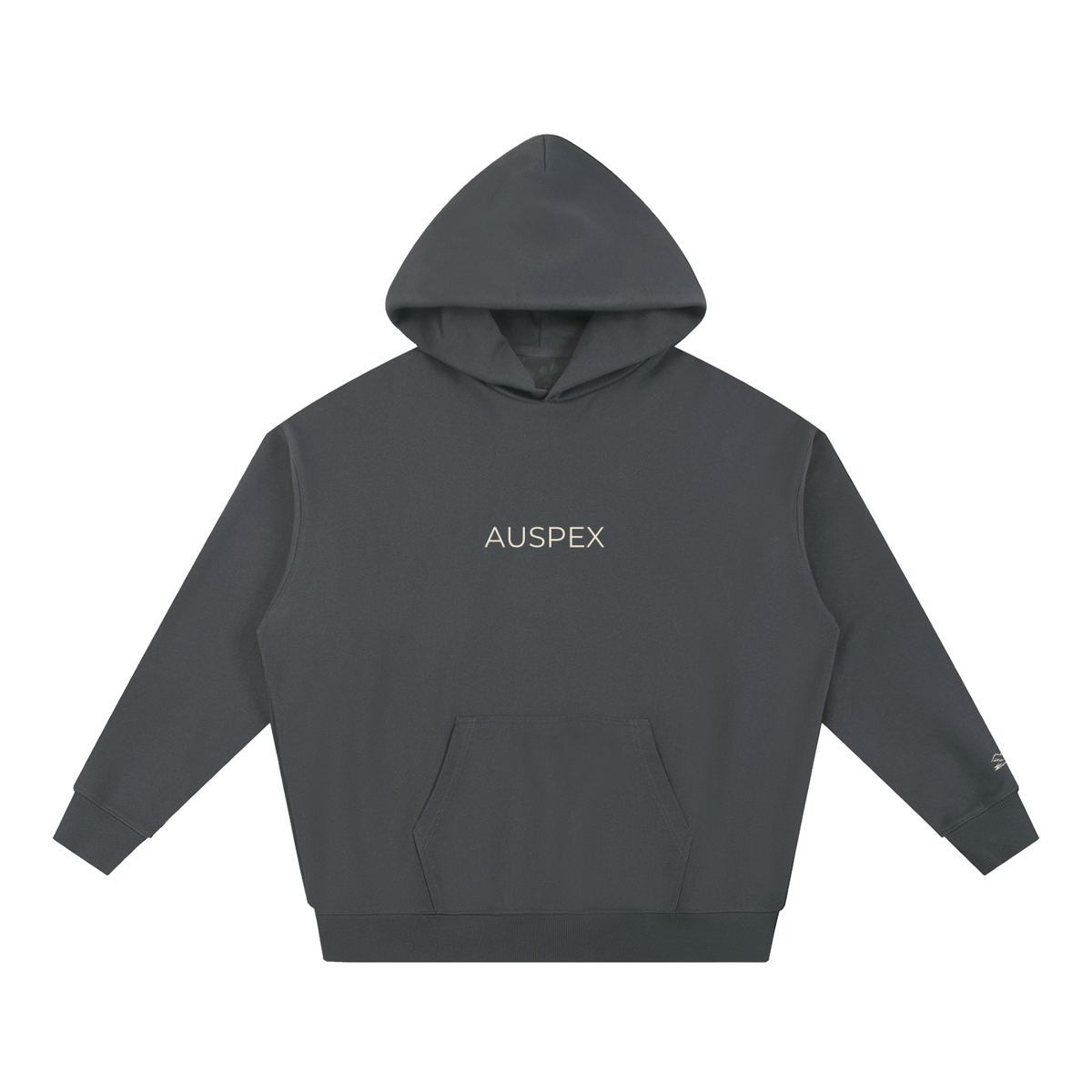 Dark gray heavyweight hoodie with AUSPEX on the chest, front view