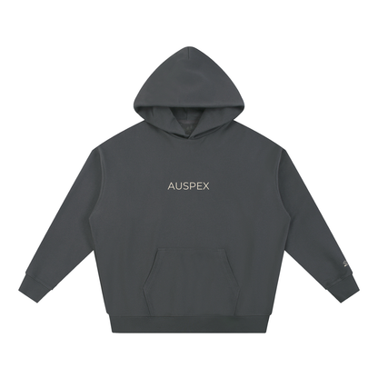 Dark gray heavyweight hoodie with AUSPEX on the chest, front view