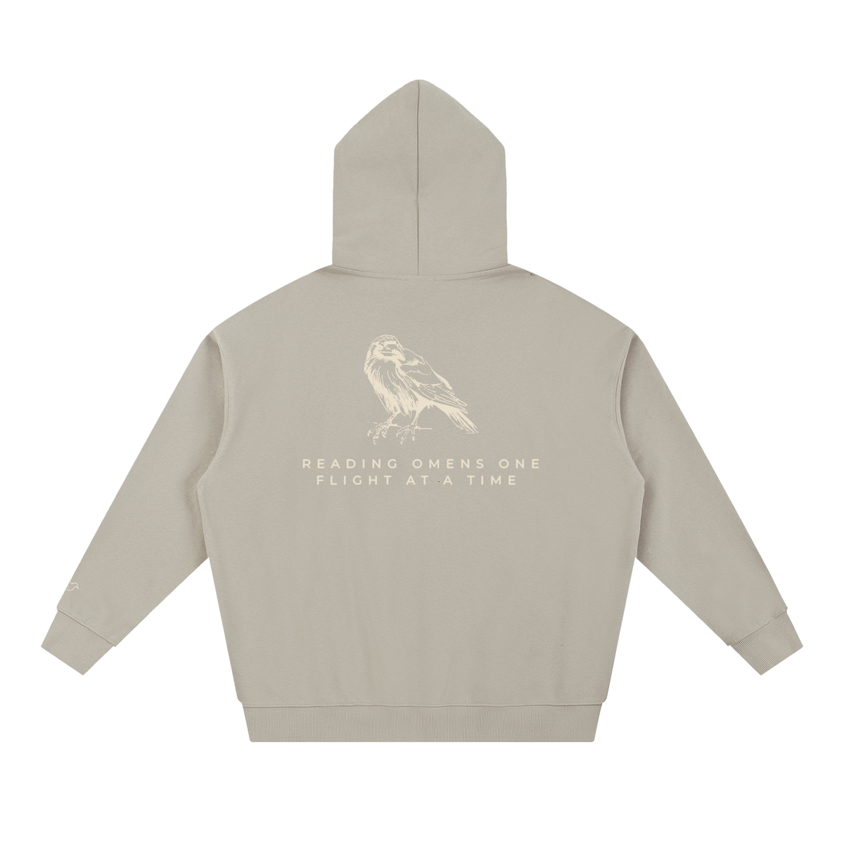 Light gray heavyweight hoodie with raven back print, back view