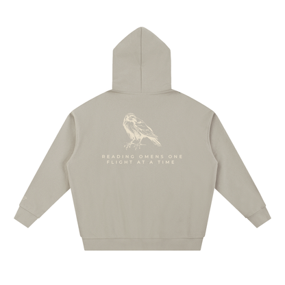 Light gray heavyweight hoodie with raven back print, back view