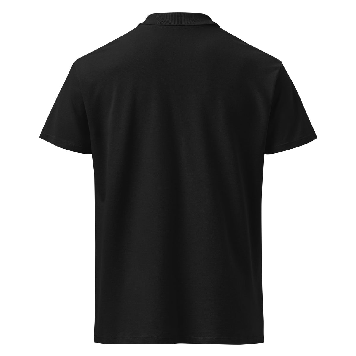 black polo on a white background, back view