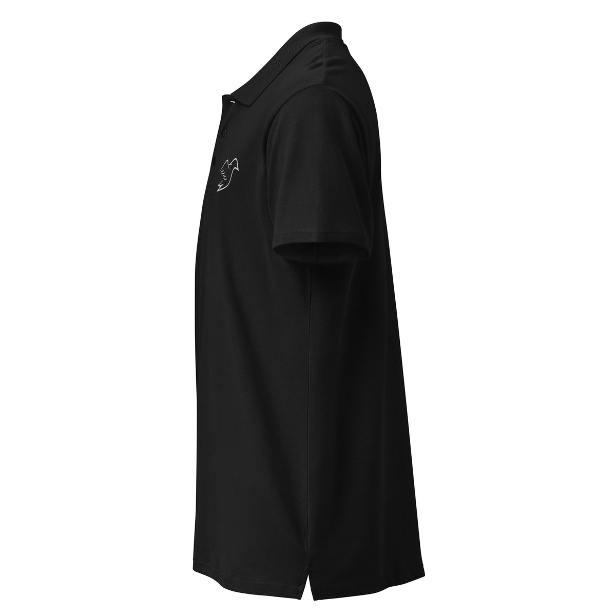 black polo on a white background, left view