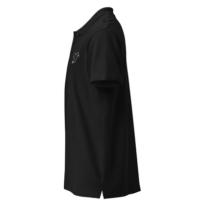 black polo on a white background, left view