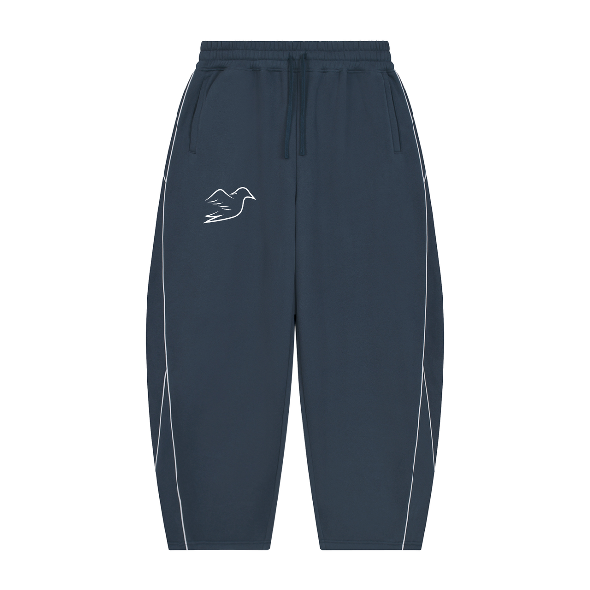 Navy blue piping sweatpants with Auspex bird on the thigh, front view