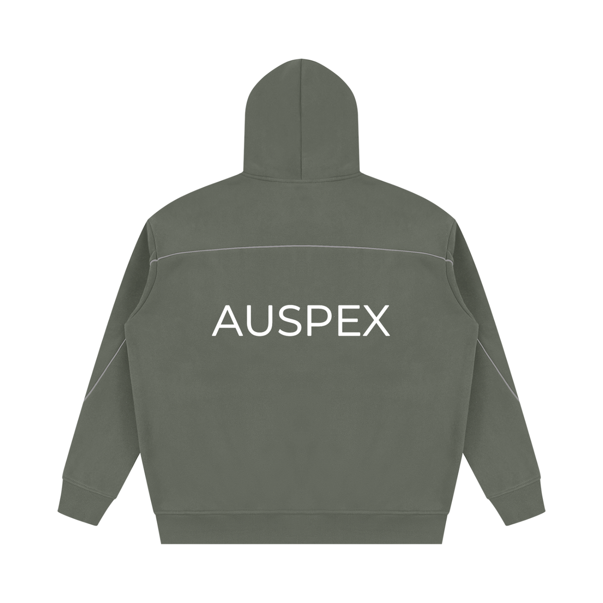 Medium gray piping hoodie with AUSPEX across the back, back view