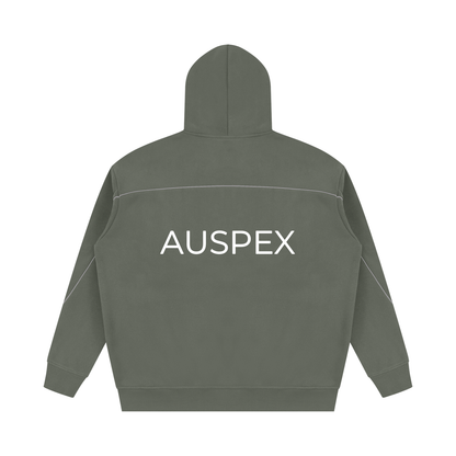 Medium gray piping hoodie with AUSPEX across the back, back view