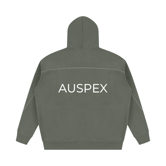 Medium gray piping hoodie with AUSPEX across the back, back view