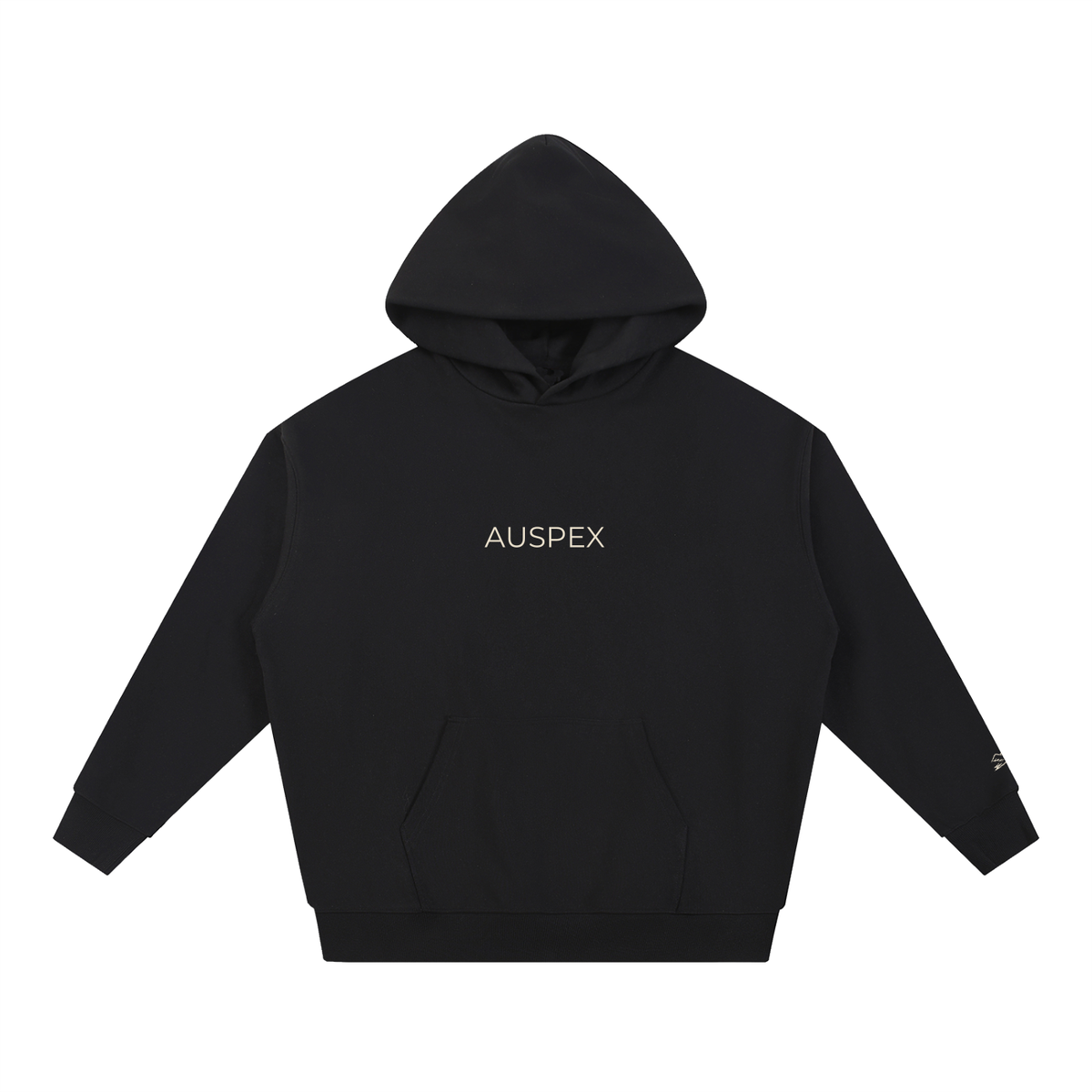 Black heavyweight hoodie with AUSPEX on the chest, front view