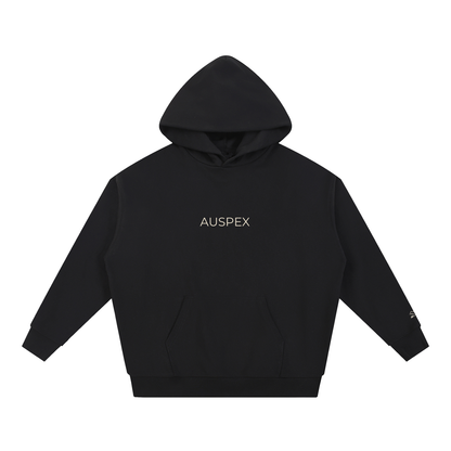 Black heavyweight hoodie with AUSPEX on the chest, front view