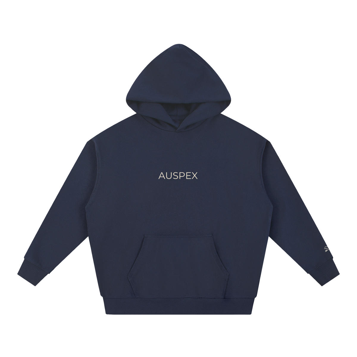 Navy blue heavyweight hoodie with AUSPEX on the chest, front view