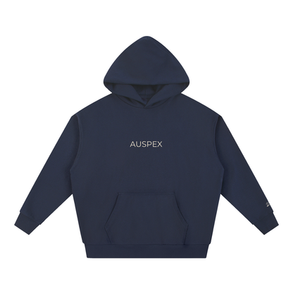 Navy blue heavyweight hoodie with AUSPEX on the chest, front view