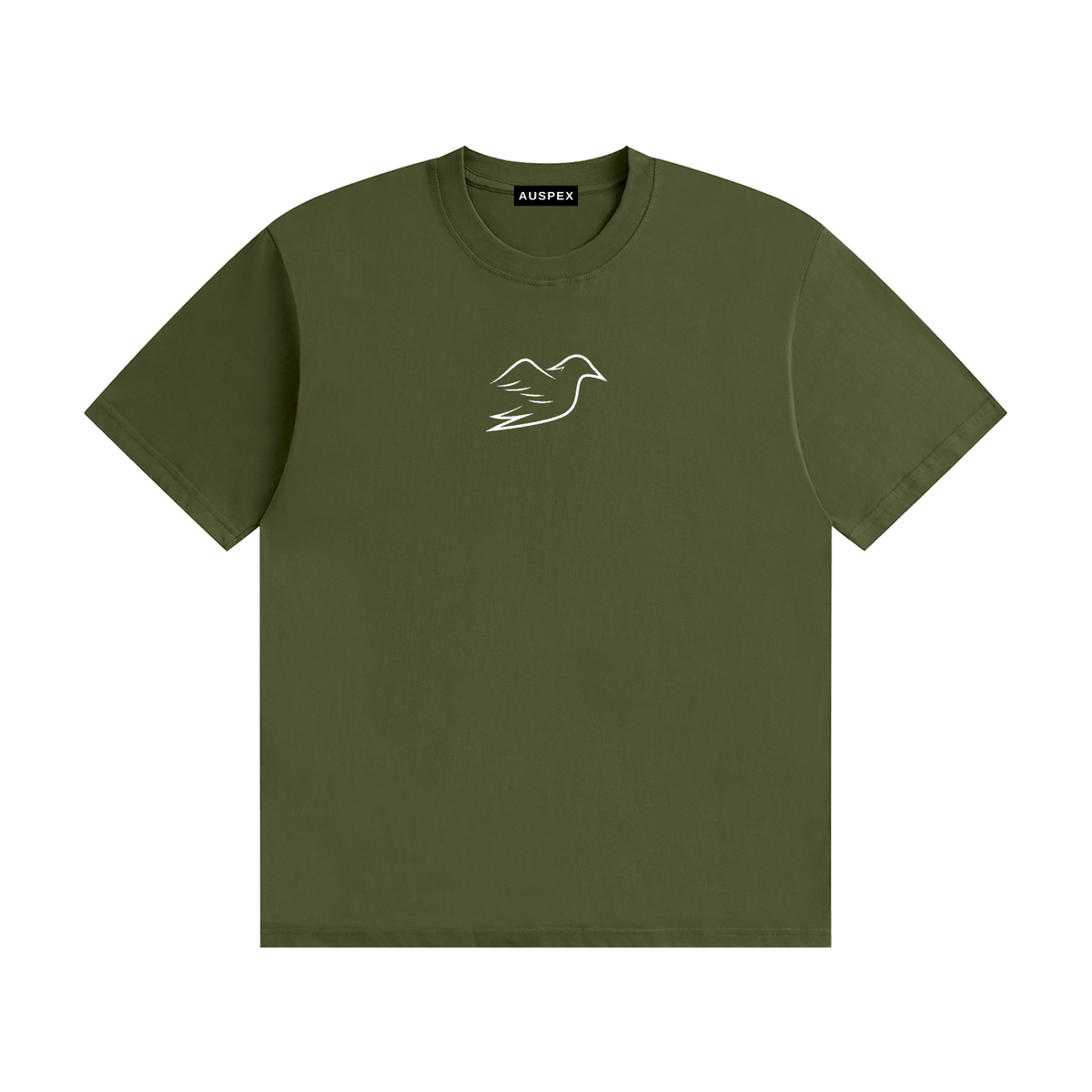 Army green cotton tee with Auspex bird on the chest, front view