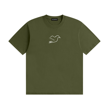 Army green cotton tee with Auspex bird on the chest, front view