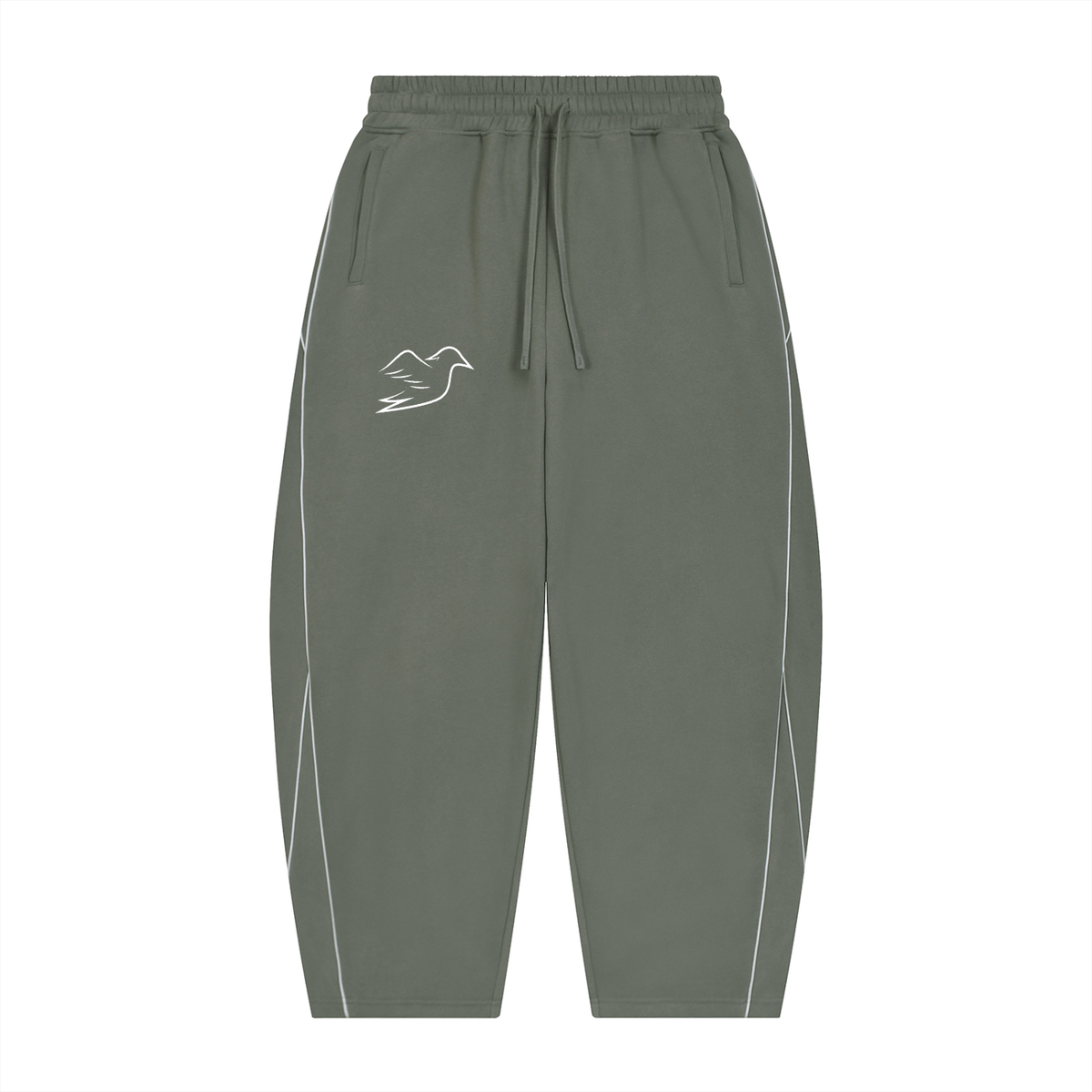 Medium gray piping sweatpants with Auspex bird on the thigh, front view