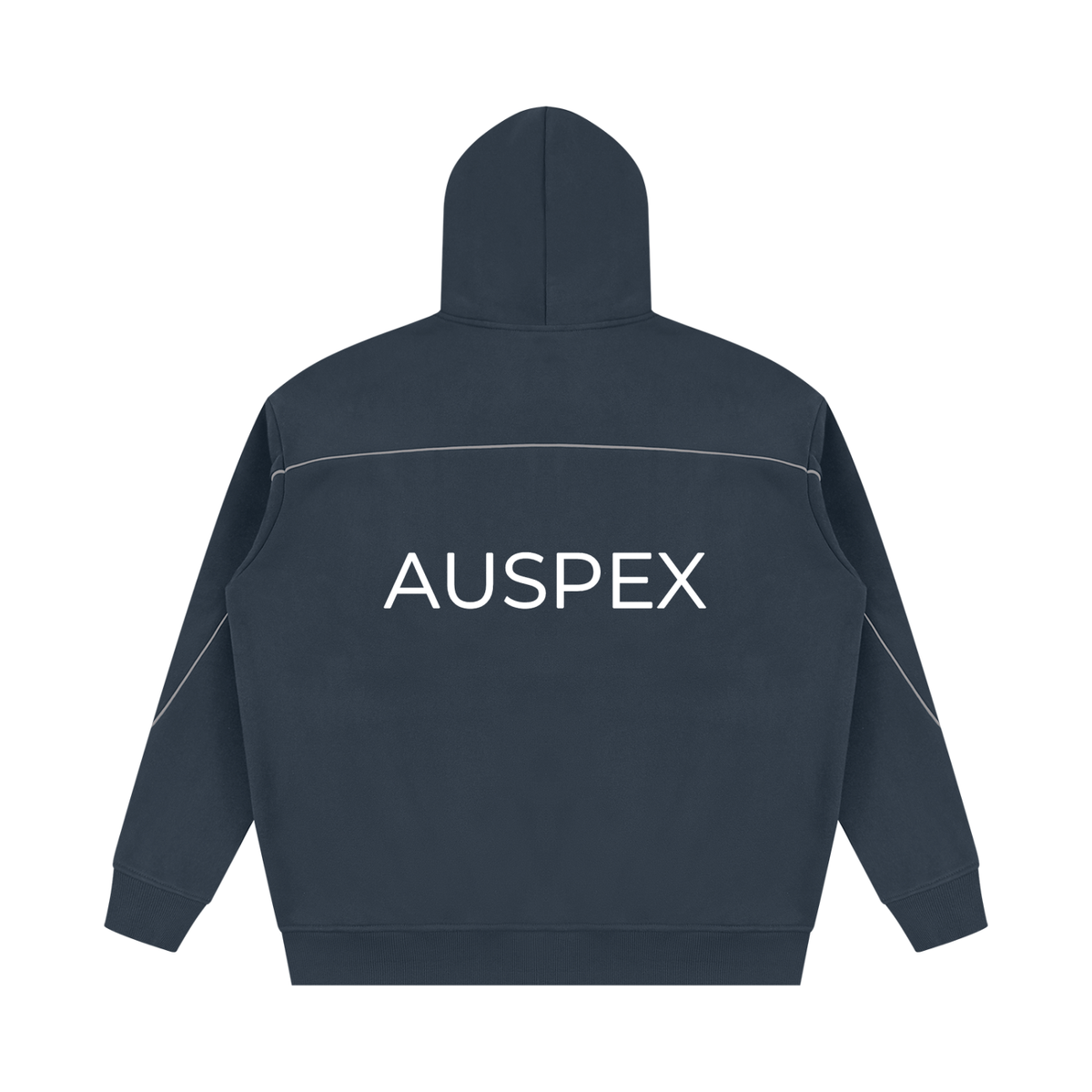 Navy blue piping hoodie with AUSPEX across the back, back view