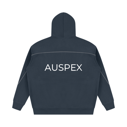 Navy blue piping hoodie with AUSPEX across the back, back view