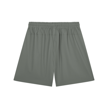 Gray stretch shorts, back view
