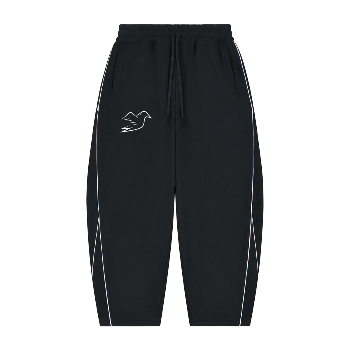 Black piping sweatpants with Auspex bird on the thigh, front view