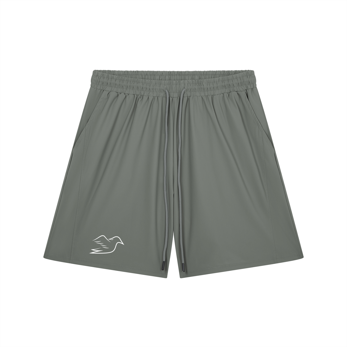 Gray stretch shorts with Auspex bird on the leg, front view