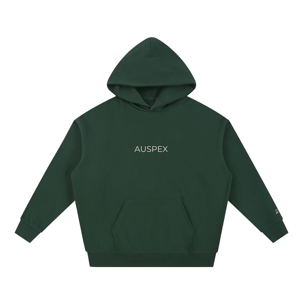 Blackish green heavyweight hoodie with AUSPEX on the chest, front view
