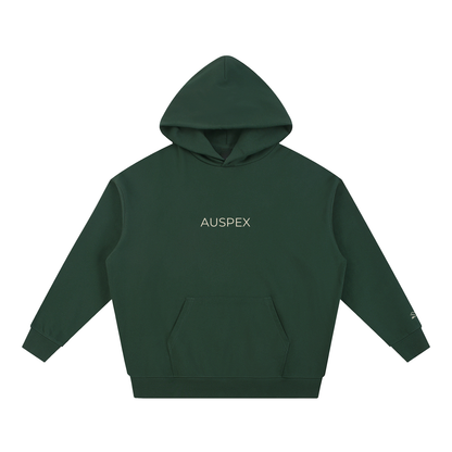 Blackish green heavyweight hoodie with AUSPEX on the chest, front view