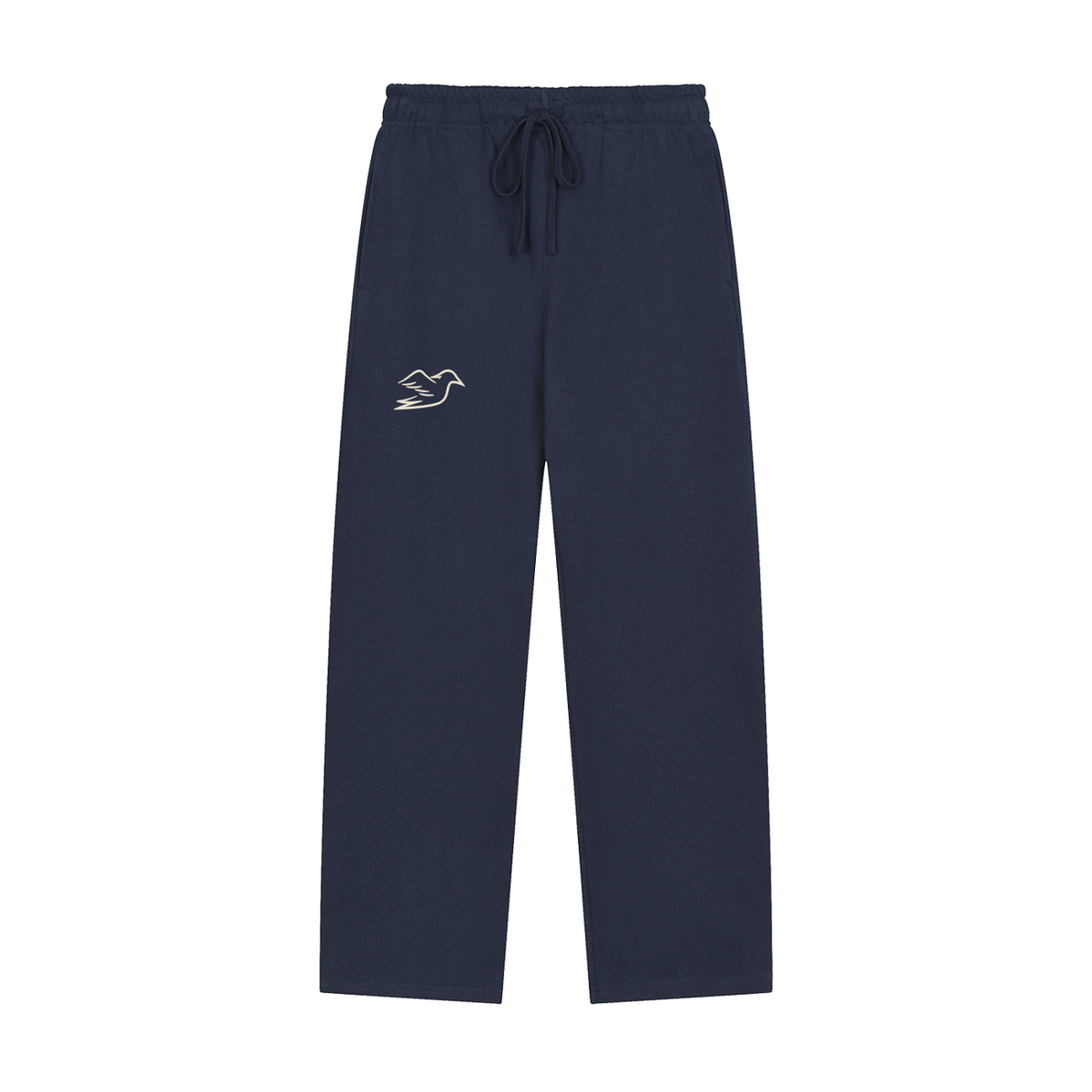 Navy blue heavyweight pants with Auspex bird at the hip, front view