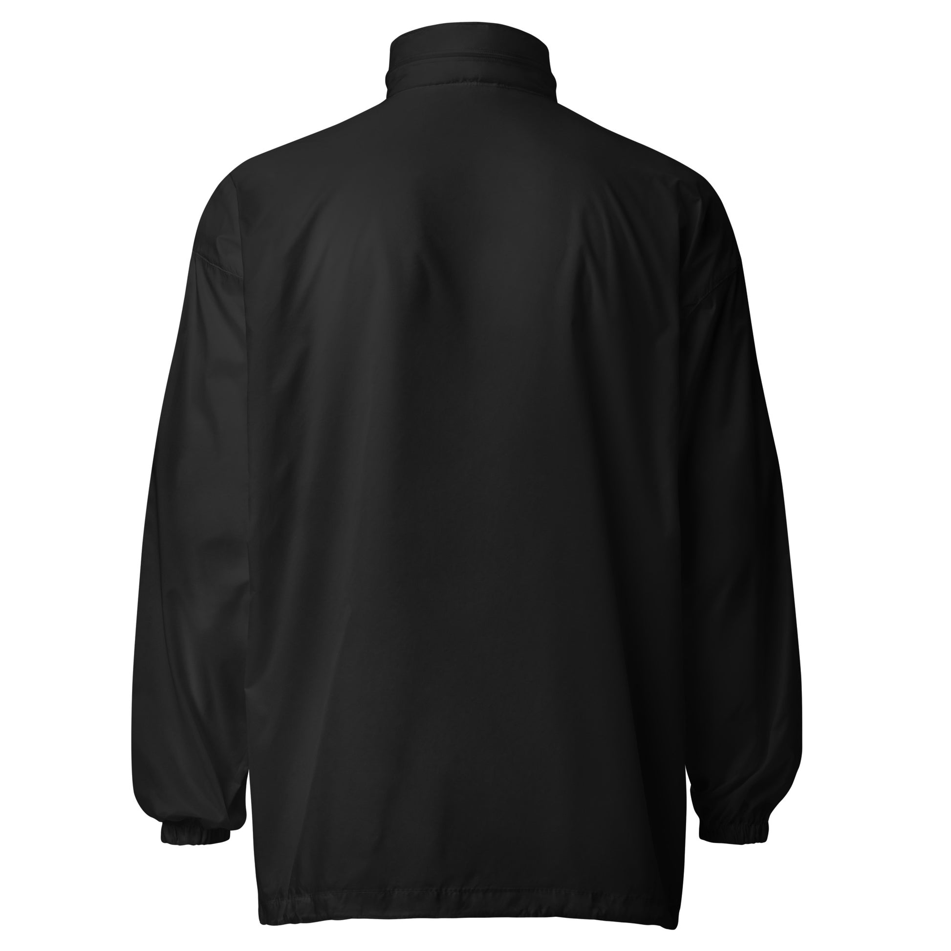 black windbreaker on a white background, back view