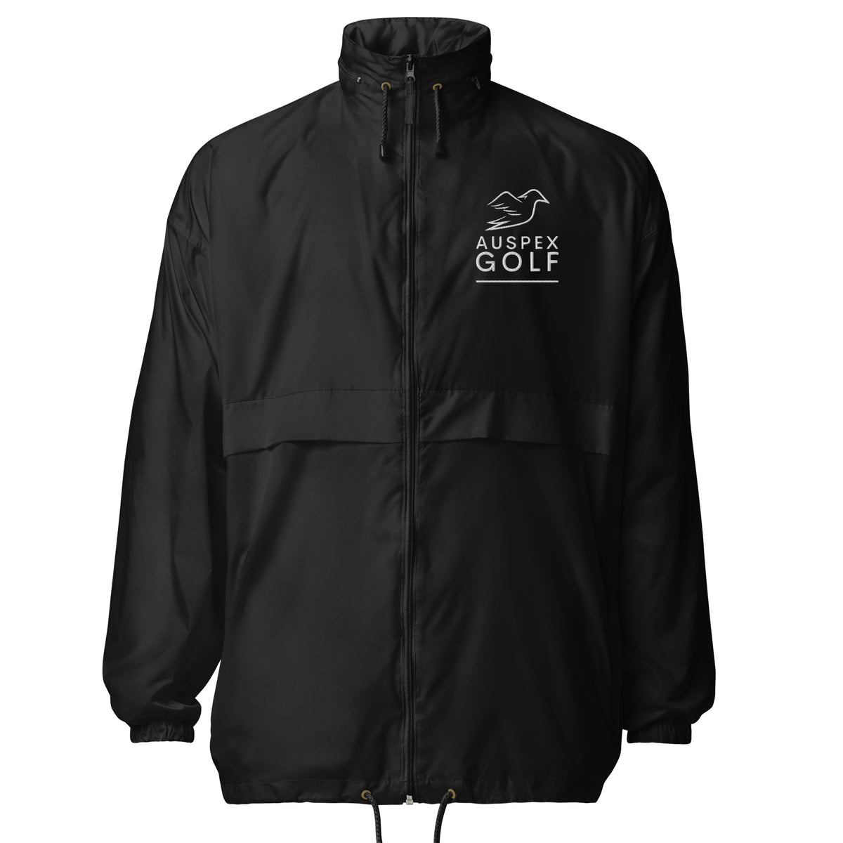 black windbreaker on a white background, front view