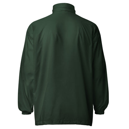 forest green windbreaker on a white background, back view