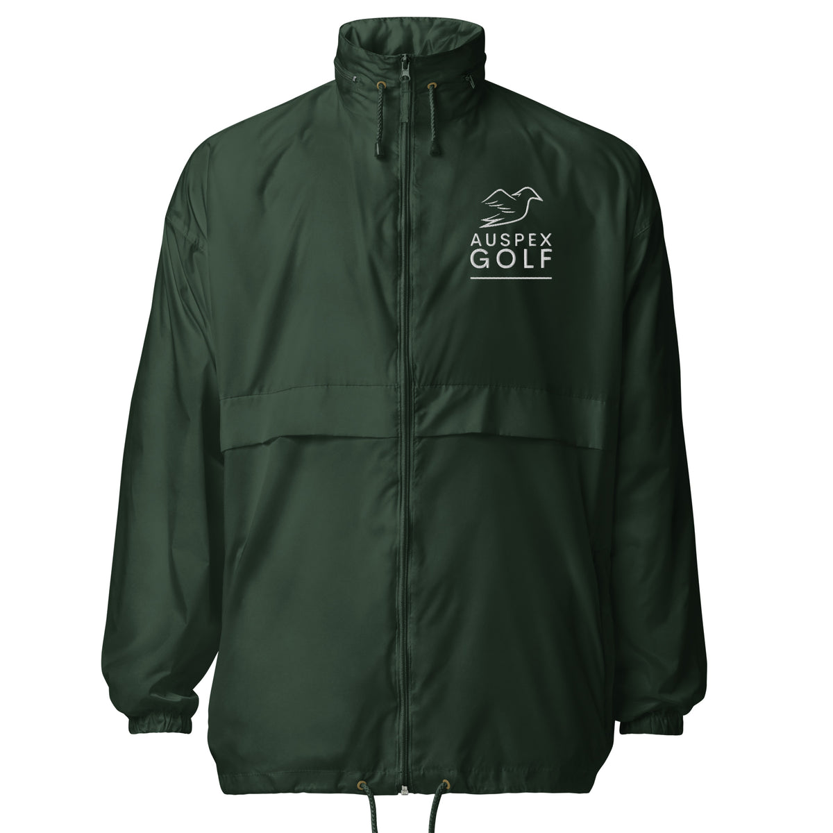 forest green windbreaker on a white background, front view
