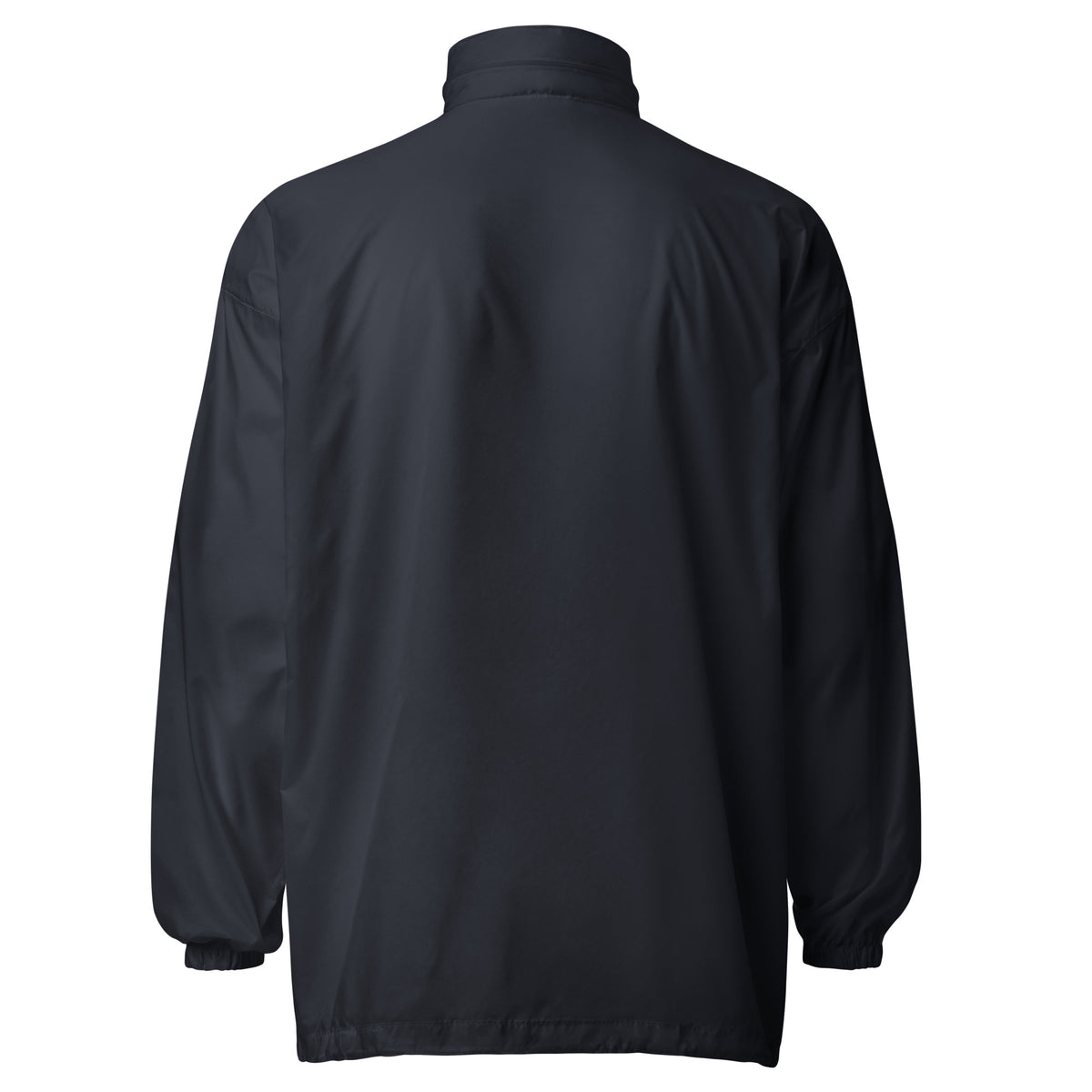 navy windbreaker on a white background, back view