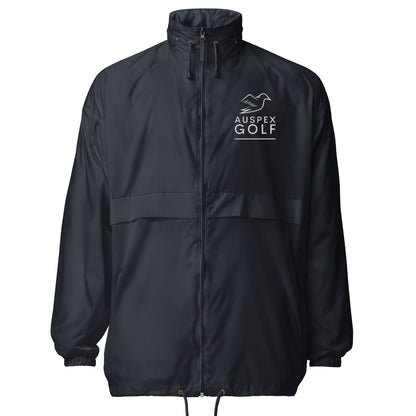 navy windbreaker on a white background, front view