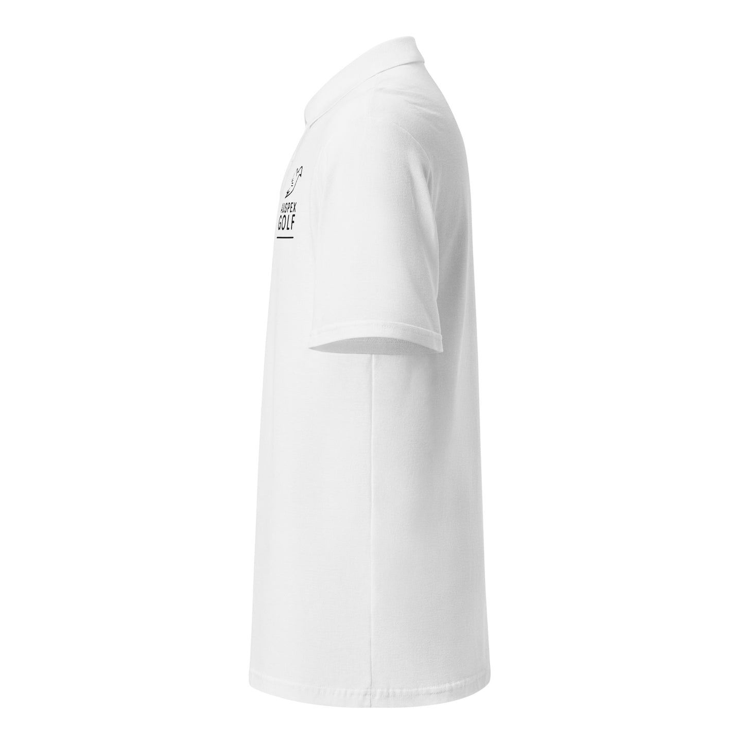 white polo on a white background, left view
