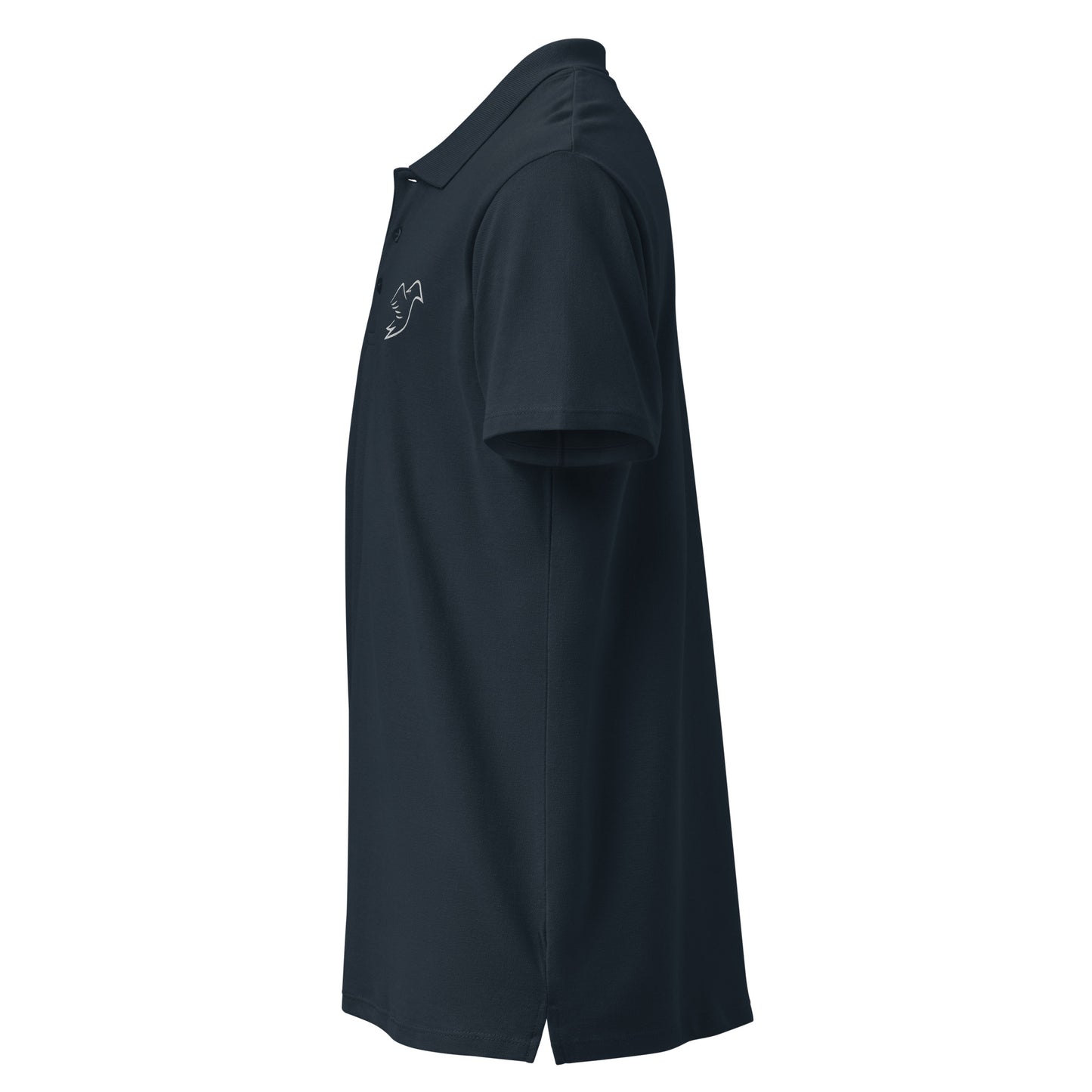 navy polo on a white background, left view