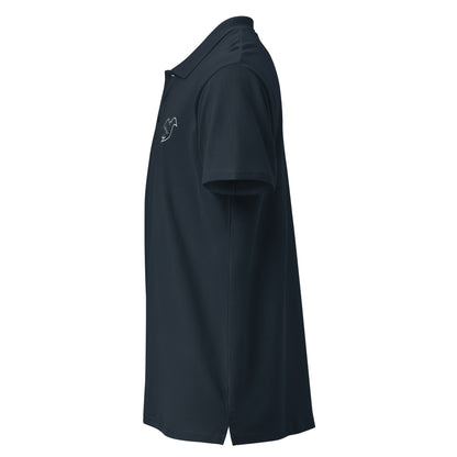 navy polo on a white background, left view