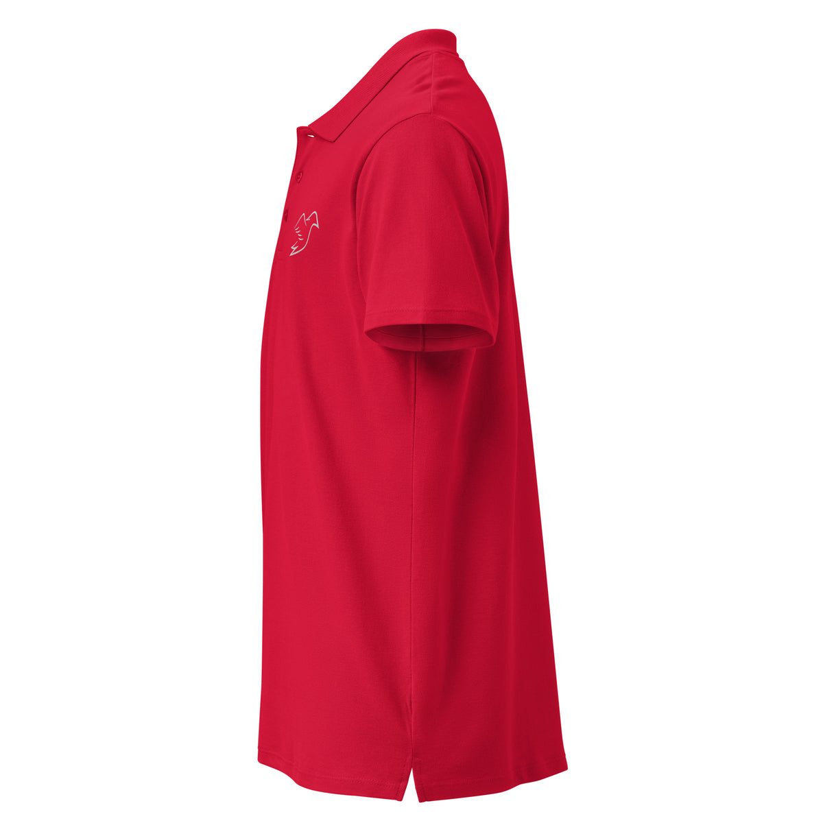 red polo on a white background, left view